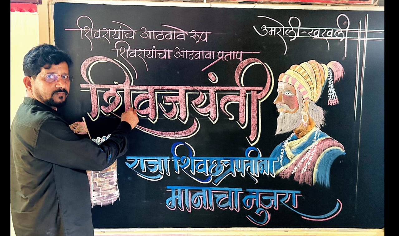 प्राथमिक शिक्षक प्रदीप आडित यांची फलक लेखनातून शिवरायांना मानवंदना