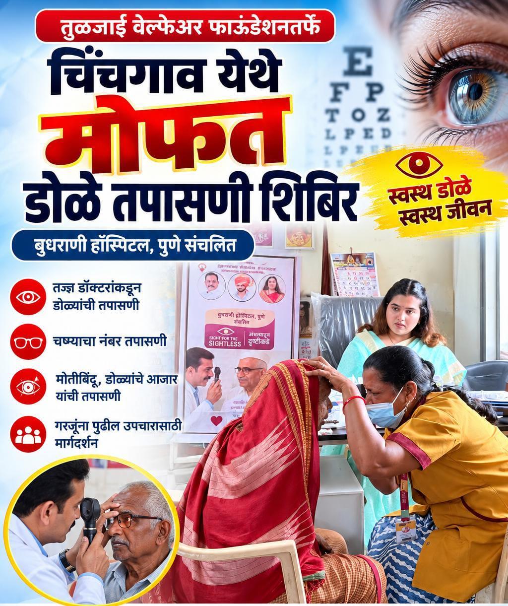 चिंचगाव येथे तुळजाई वेल्फेअर फाऊंडेशनतर्फे मोफत डोळे तपासणी शिबिर